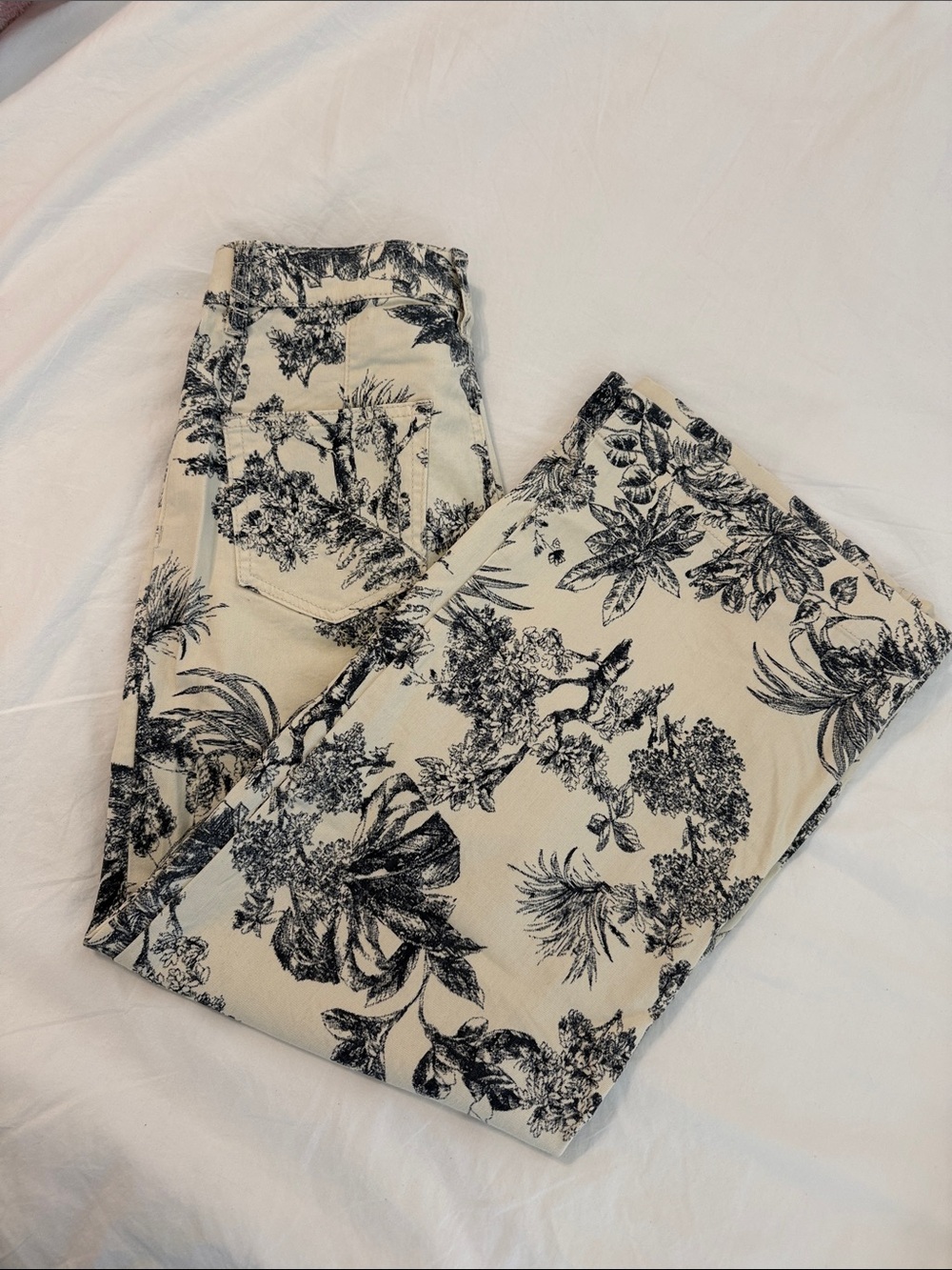 CHARLIE B Cream Chino Pants with Black Botanical Print